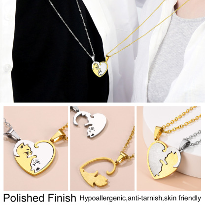 Name Engraved Puzzle Heart Cat Shape Necklace for Couple hypoallergenic
