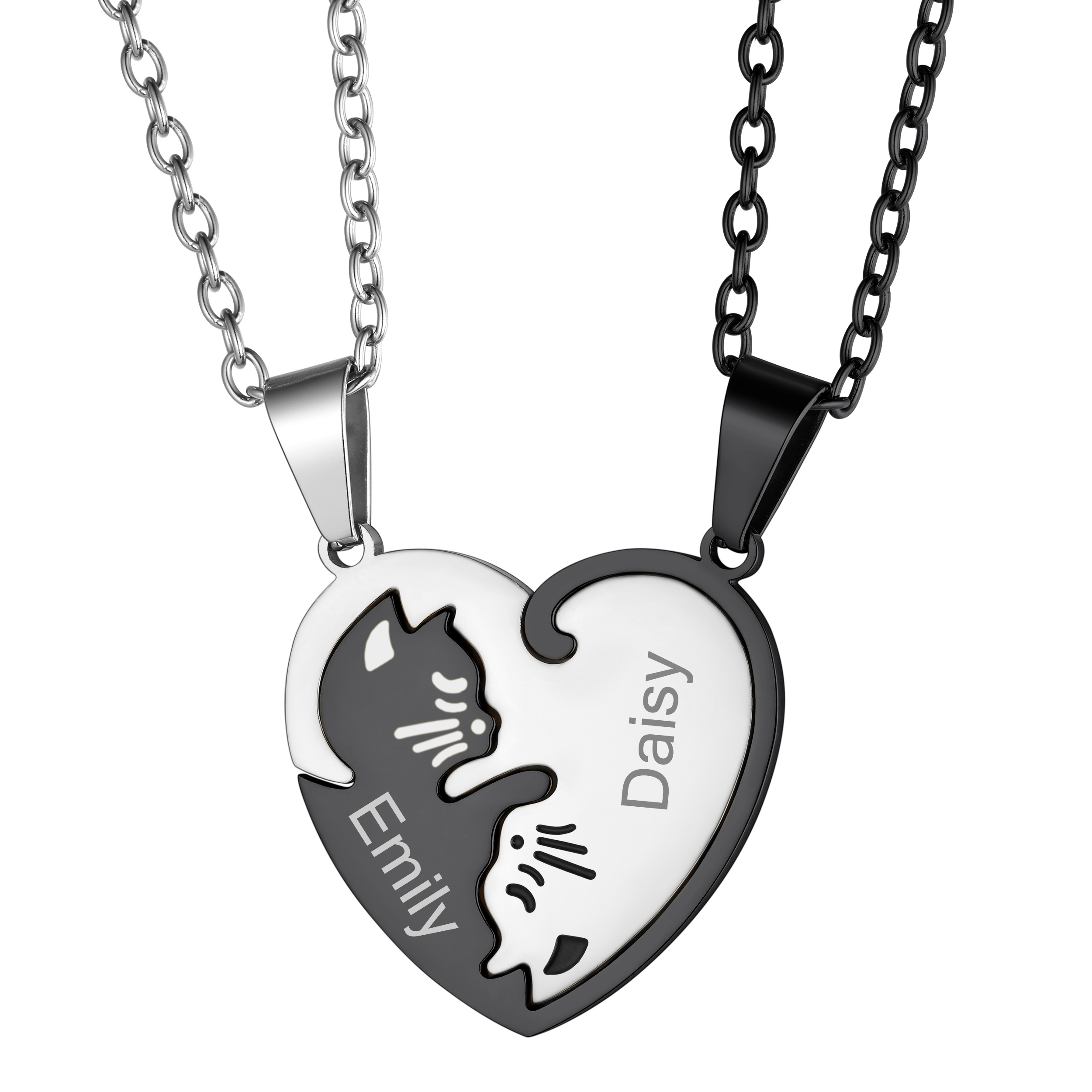 Name Engraved Puzzle Heart Cat Shape Necklace for Couple black