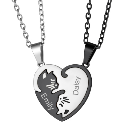Name Engraved Puzzle Heart Cat Shape Necklace for Couple black
