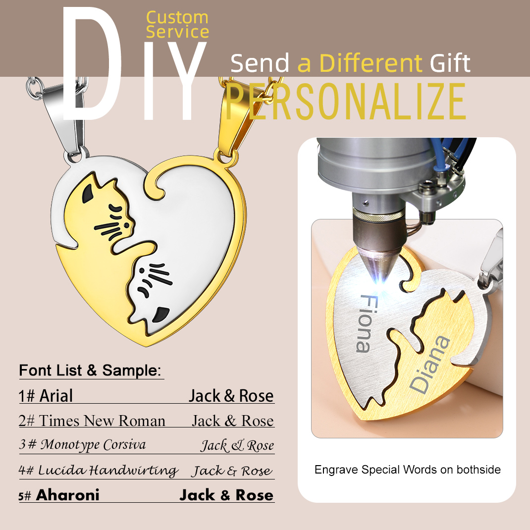 Name Engraved Puzzle Heart Cat Shape Necklace for Couple diy 
