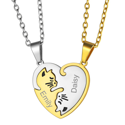 Name Engraved Puzzle Heart Cat Shape Necklace for Couple gold