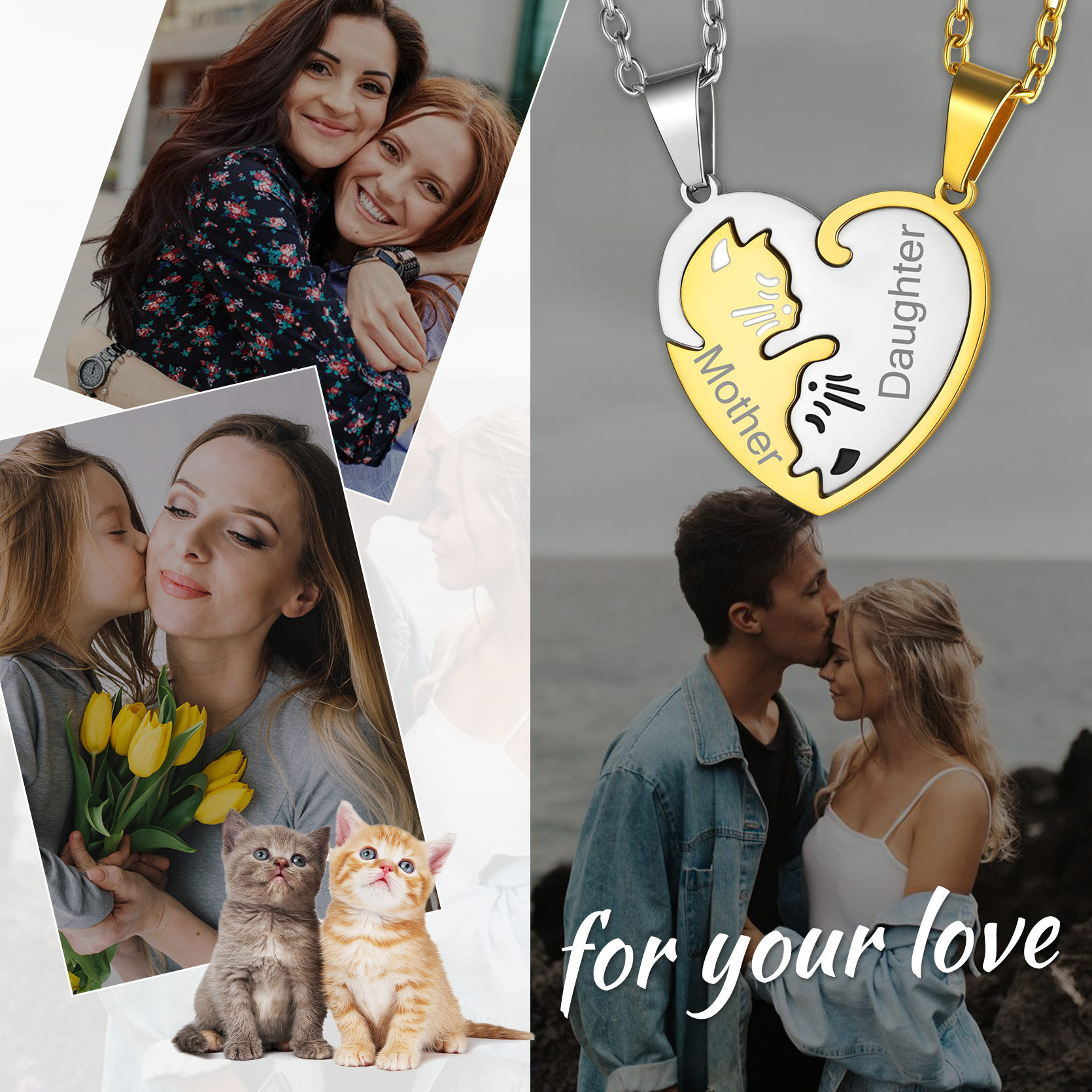 Name Puzzle Heart Cat Shape Necklace for Couple 