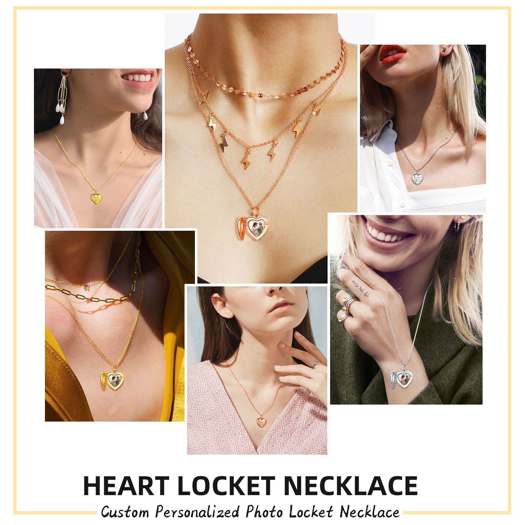 Personalized Photo Heart Silver Locket Necklace model show