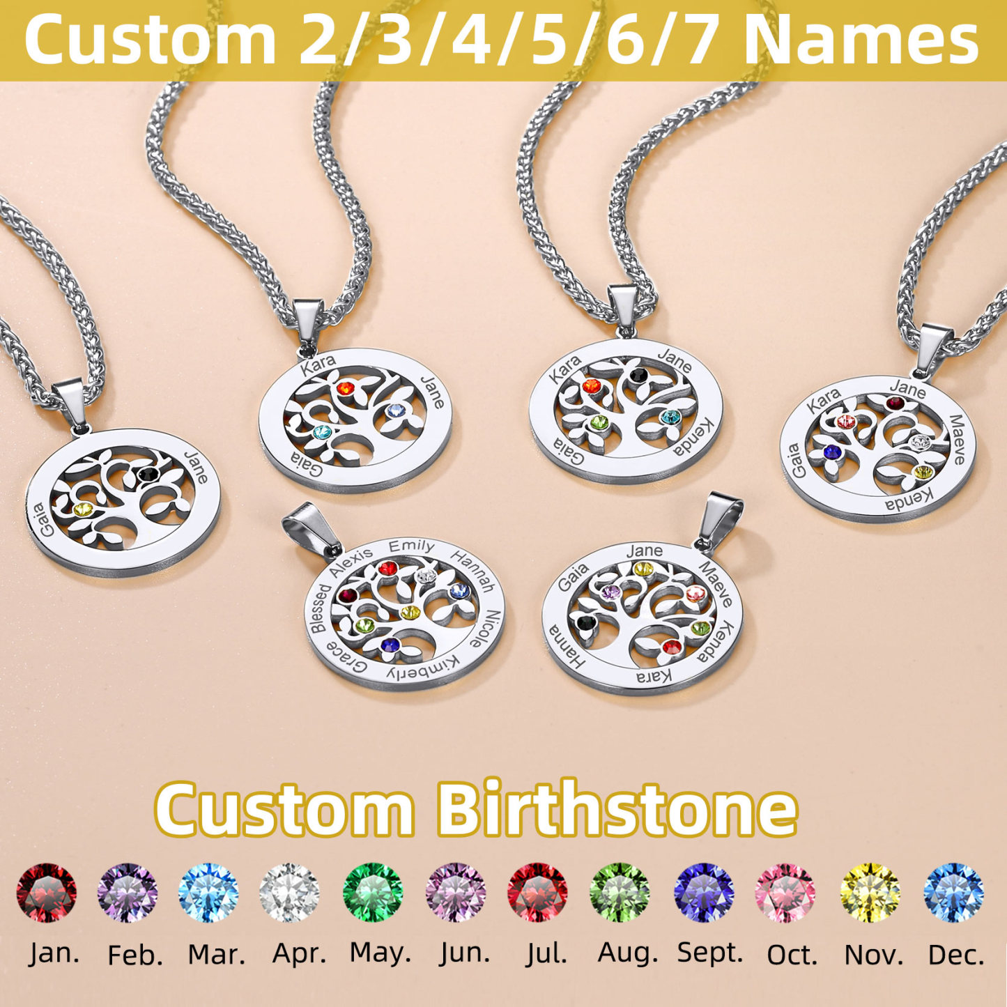  Personalized Family Tree Necklaces with 2-7 Names and Birthstones