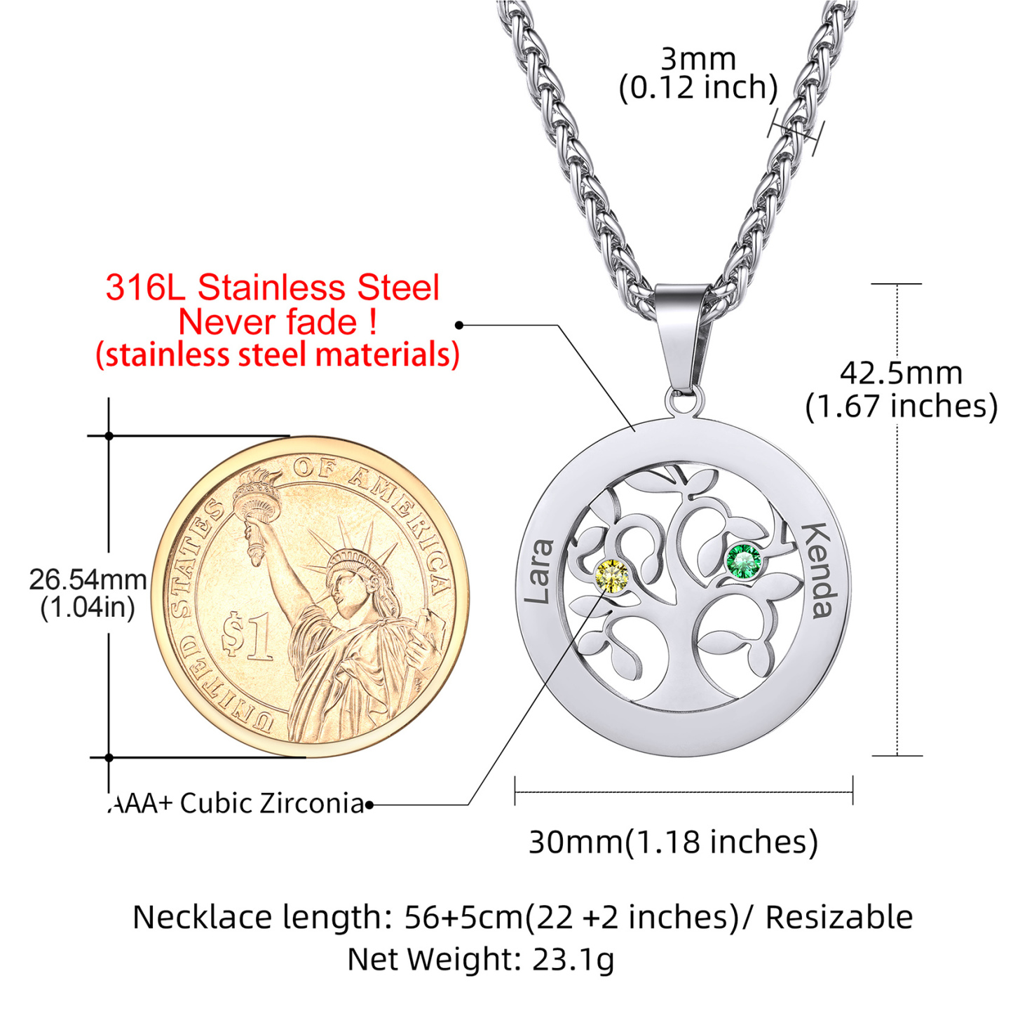  Personalized Family Tree Pendant Necklaces with 2-7 Names and Birthstones size 2