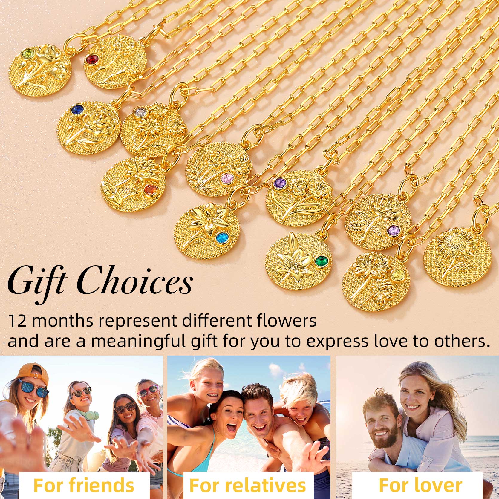 Personalized Birth Flower Birthstone Necklace GIFT CHOICES