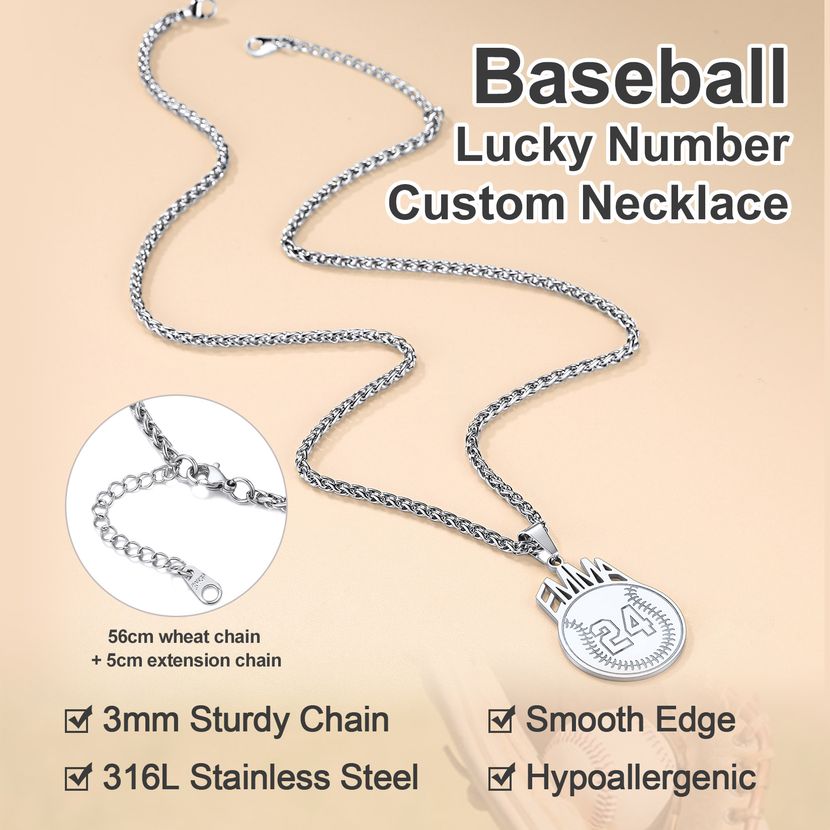 Custom Number Men Baseball Pendant Necklaces Sports Jewelry