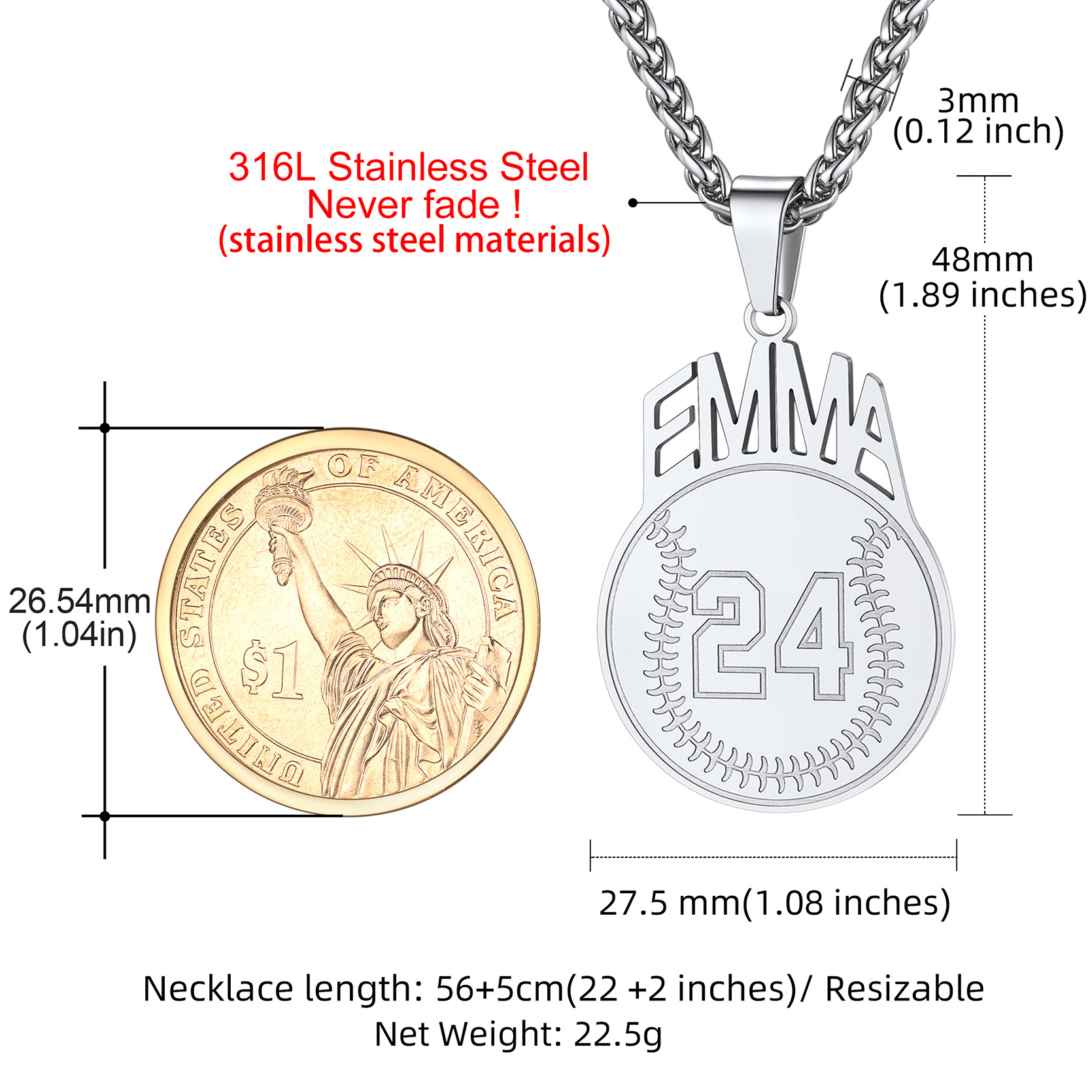 Custom Number Men Soccer/Football/Baseball Pendant Necklaces Sports Jewelry 1 size