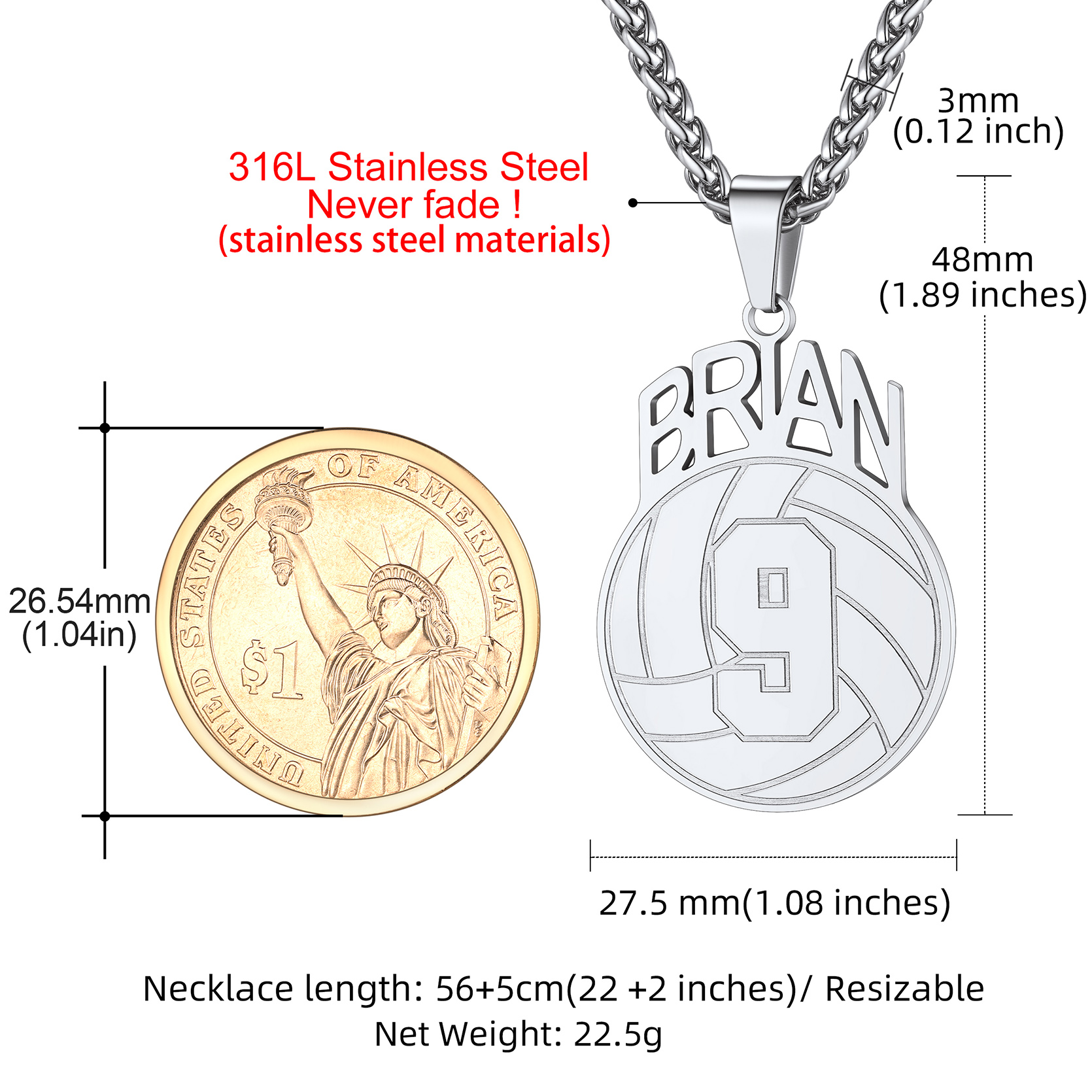 Custom Number Men Soccer/Football/Baseball Pendant Necklaces Sports Jewelry 3 size