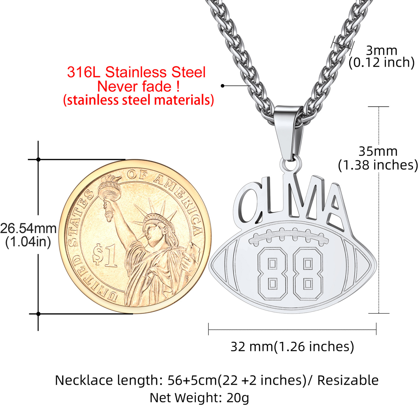 Custom Number Men Soccer/Football/Baseball Pendant Necklaces Sports Jewelry 5 size