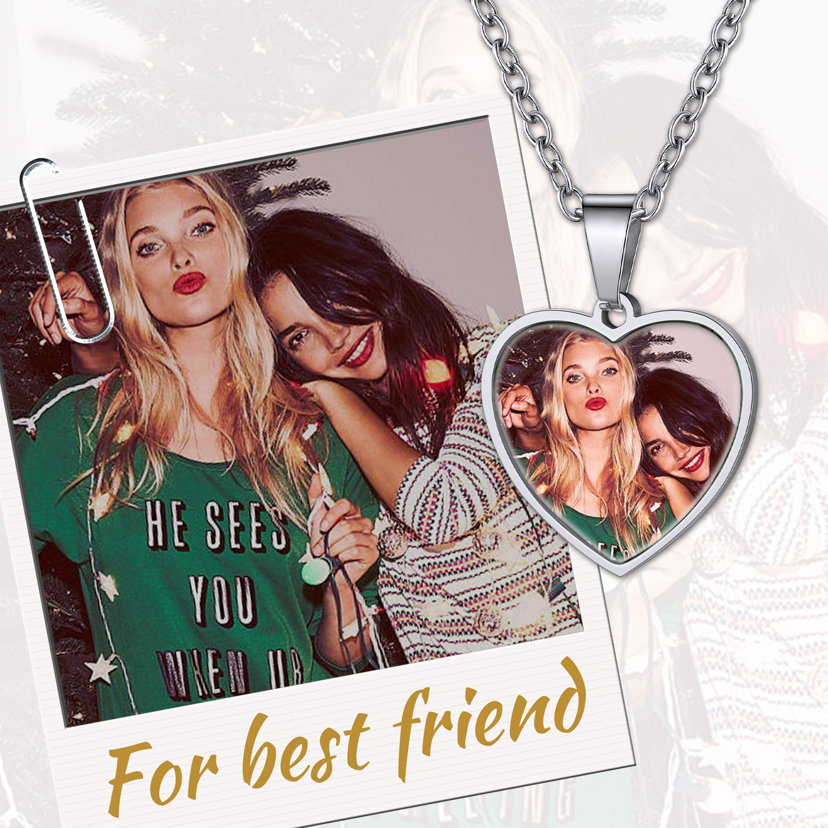 Personalized Heart Pendant Necklace with 2 Pictures for friend