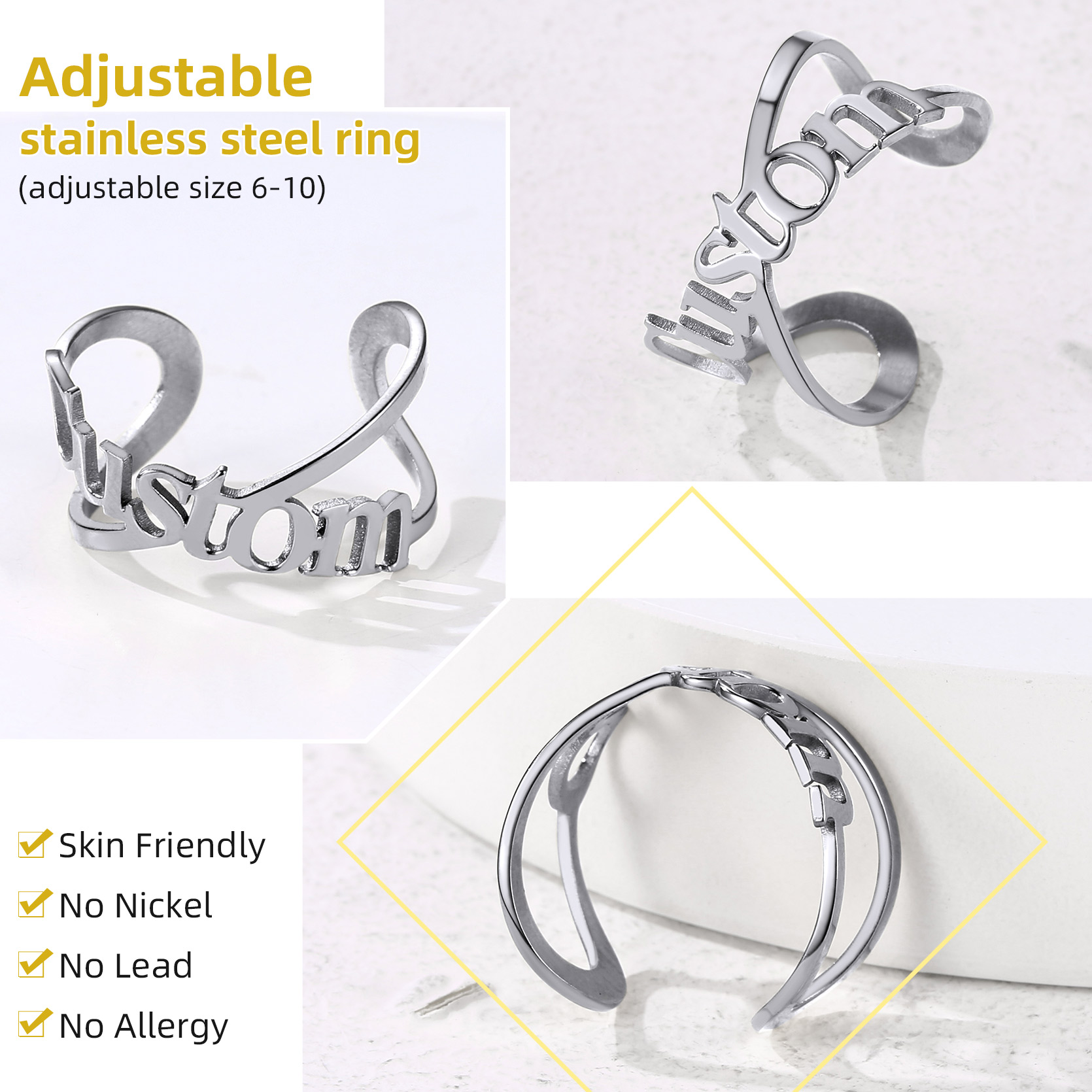 Custom Name Infinity Adjustable Ring for Women stainless steel
