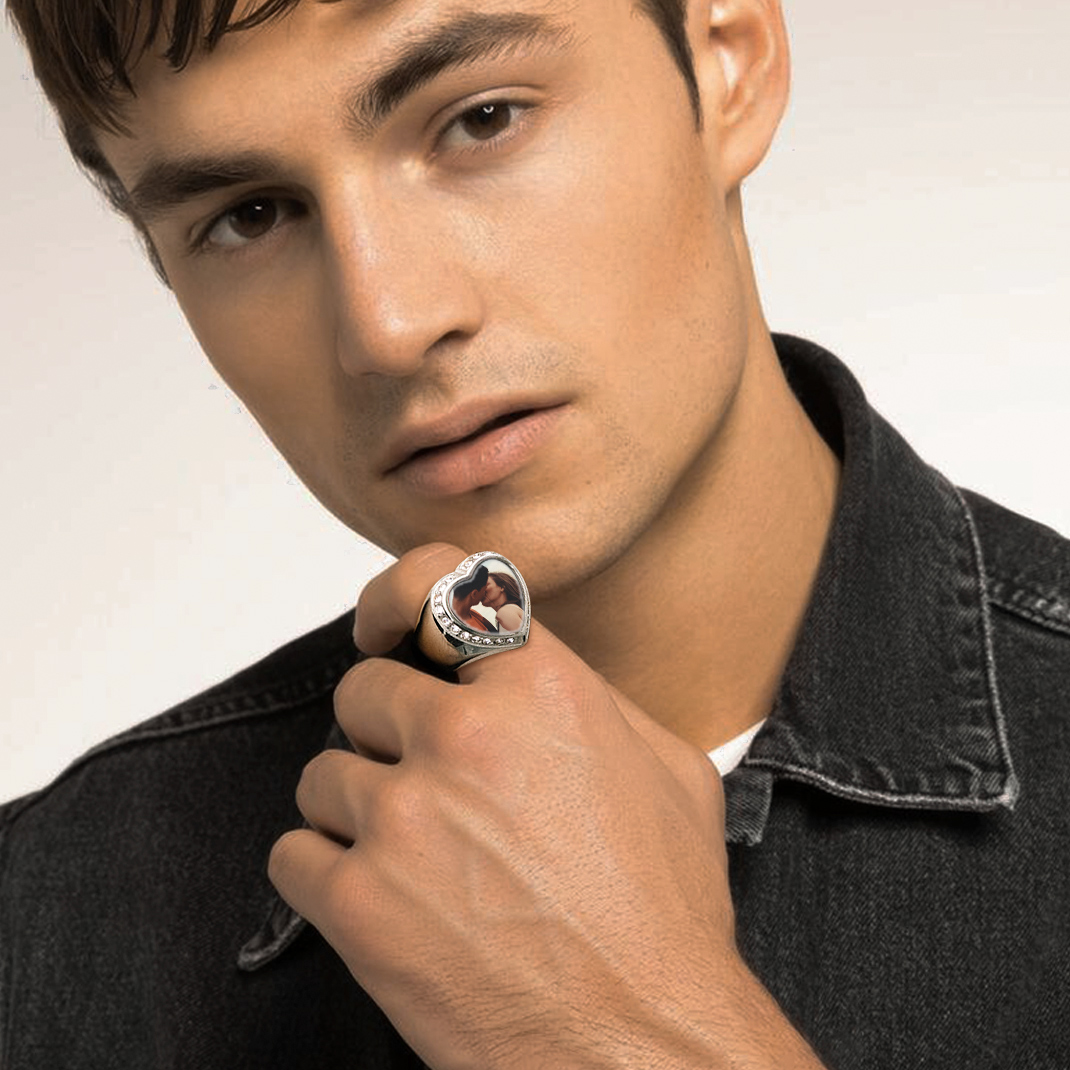 Personalized Heart Signet Photo Rings for Men Women model