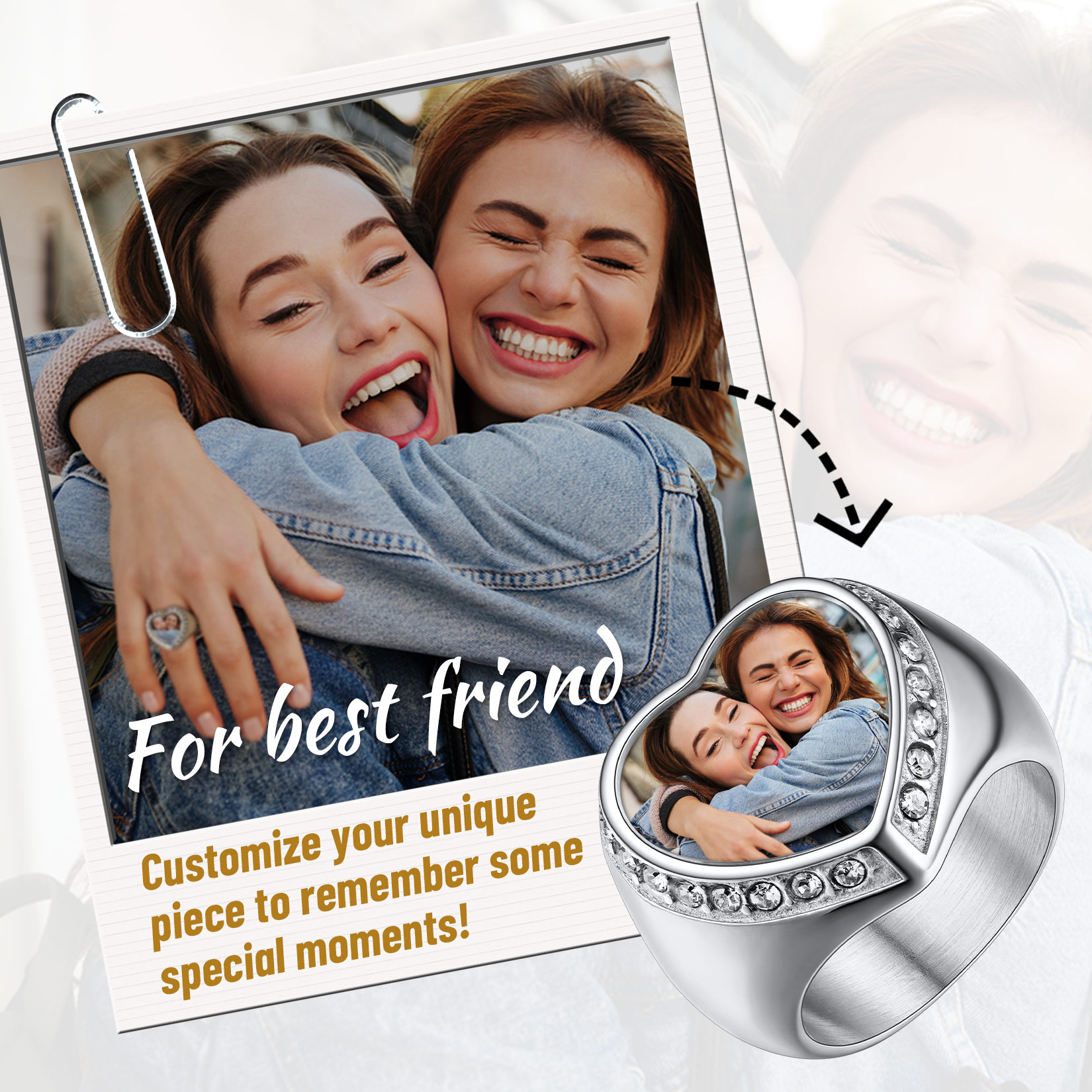 Personalized Heart Shape Signet Photo Rings for friend