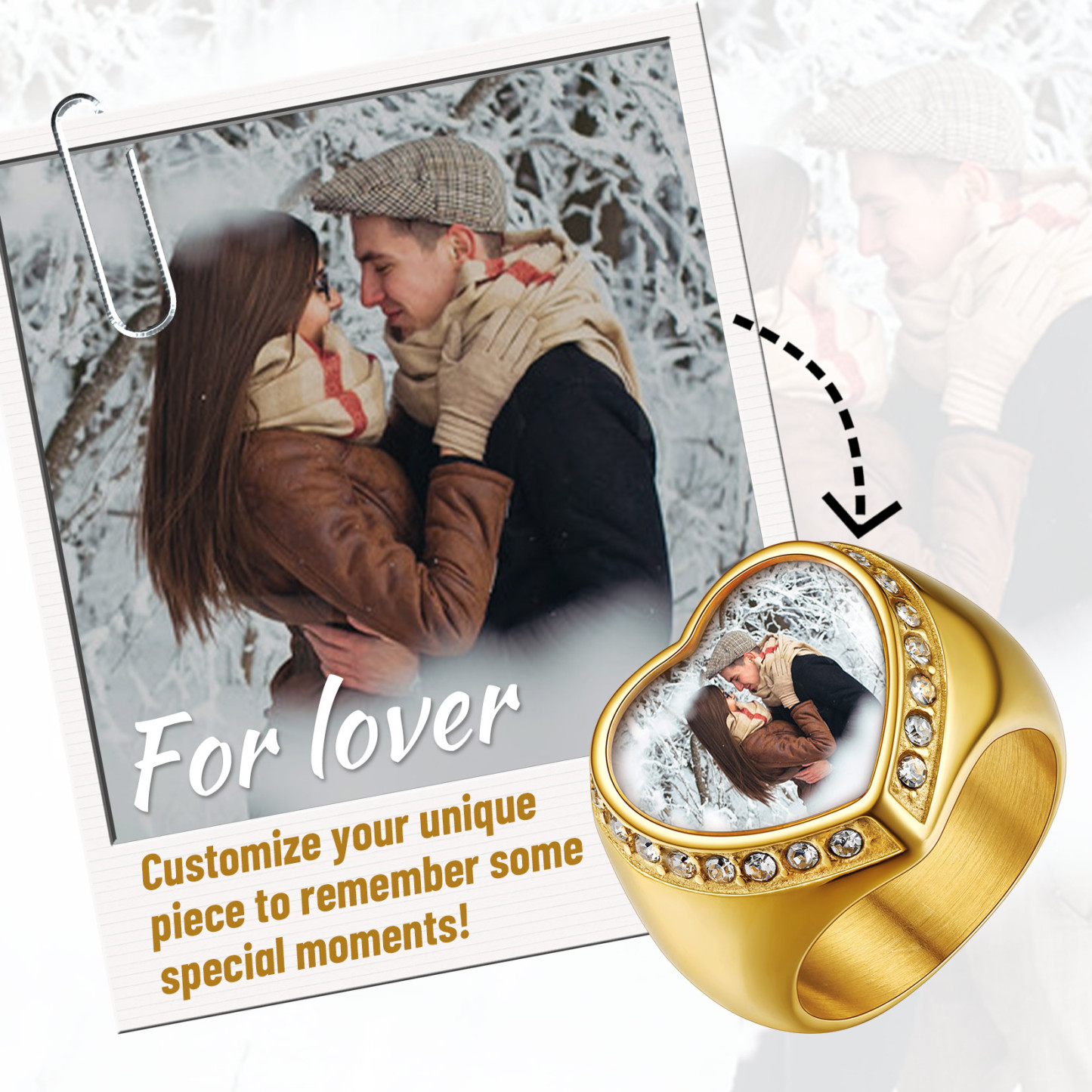 Personalized Heart Shape Signet Photo Rings for lover