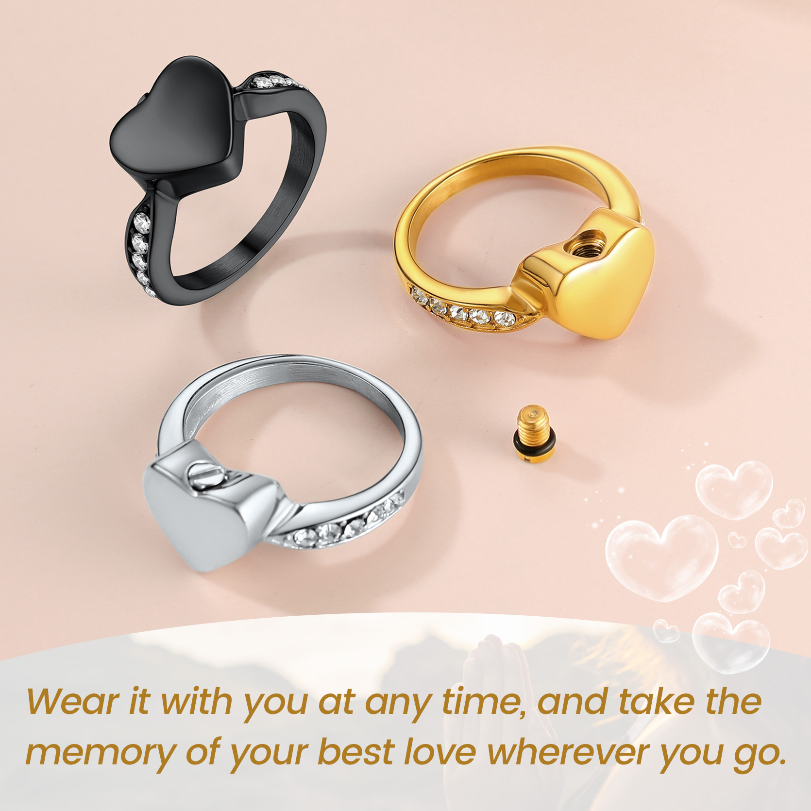 Personalized Stainless Steel Heart Cremation Urn Ring for Ashes