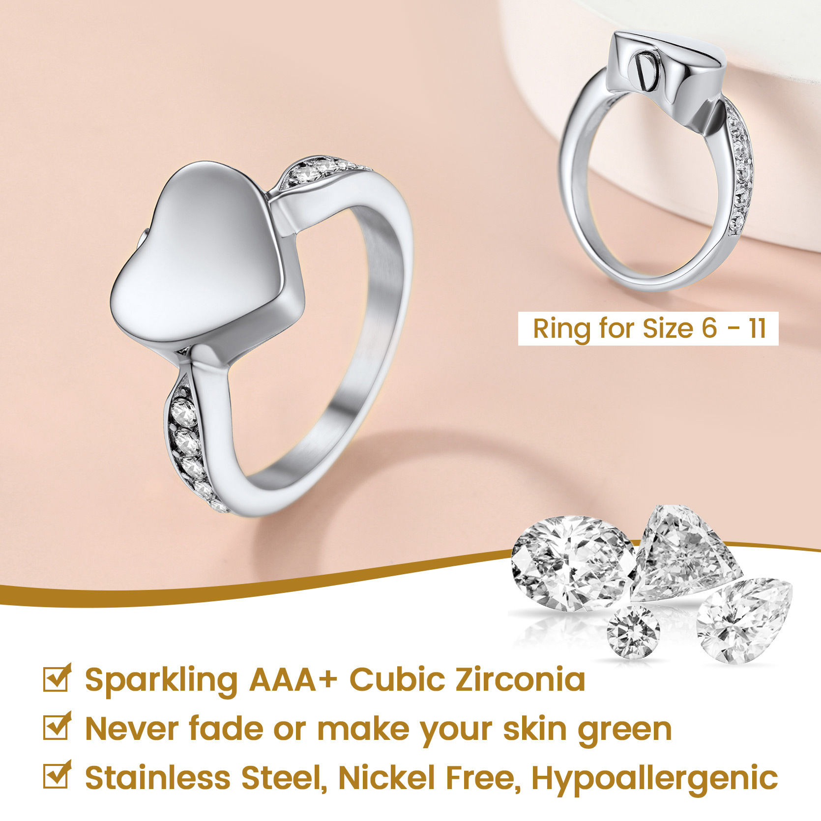 Personalized Stainless Steel Heart Cremation Urn Ring for Ashes