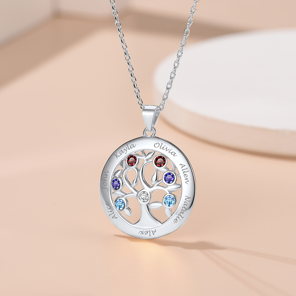 Custom Family Tree Necklaces with 2-7 Names and Birthstones occasion silver
