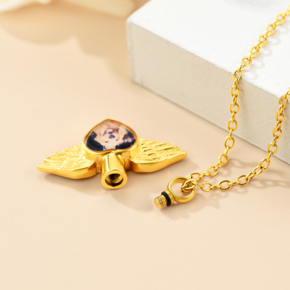 Personalized Angel Wings Urn Necklace for Ashes with Photo scene