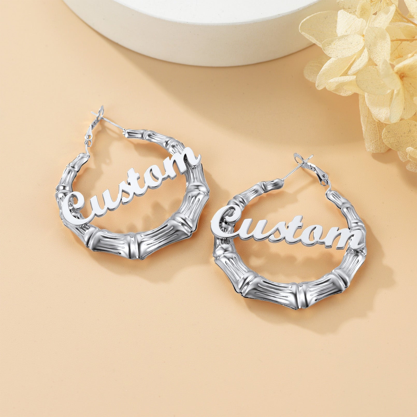 Custom4U Personalized Bamboo Hoop Earrings-Steel