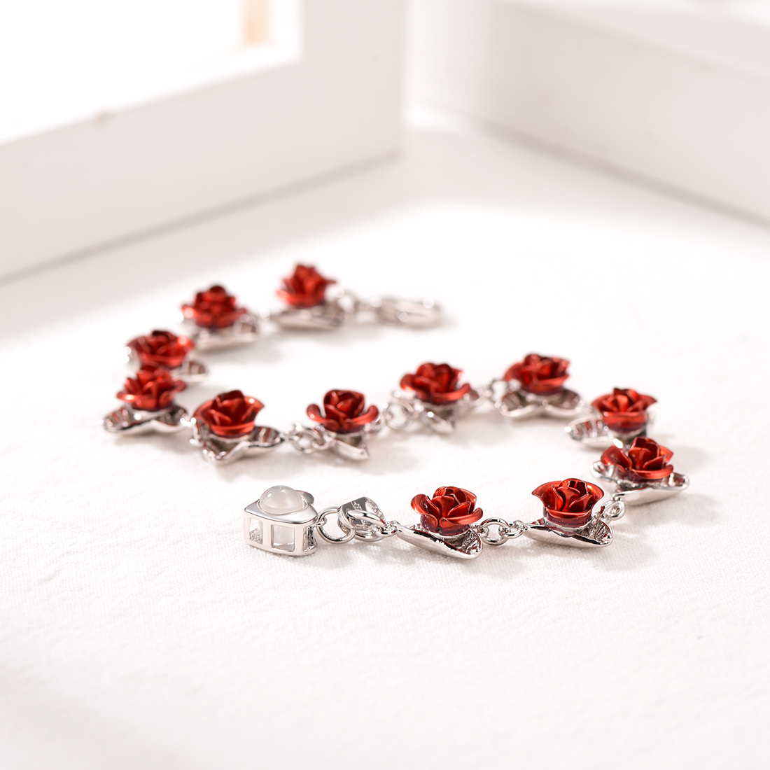 Red Rose Link Bracelets Romantic Jewelry for Women  silver occasion