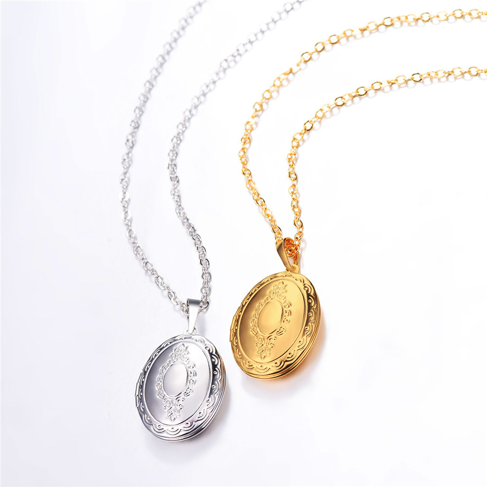 Custom Engraved Photo Oval Locket Necklace Gold Plated Copper with Chain