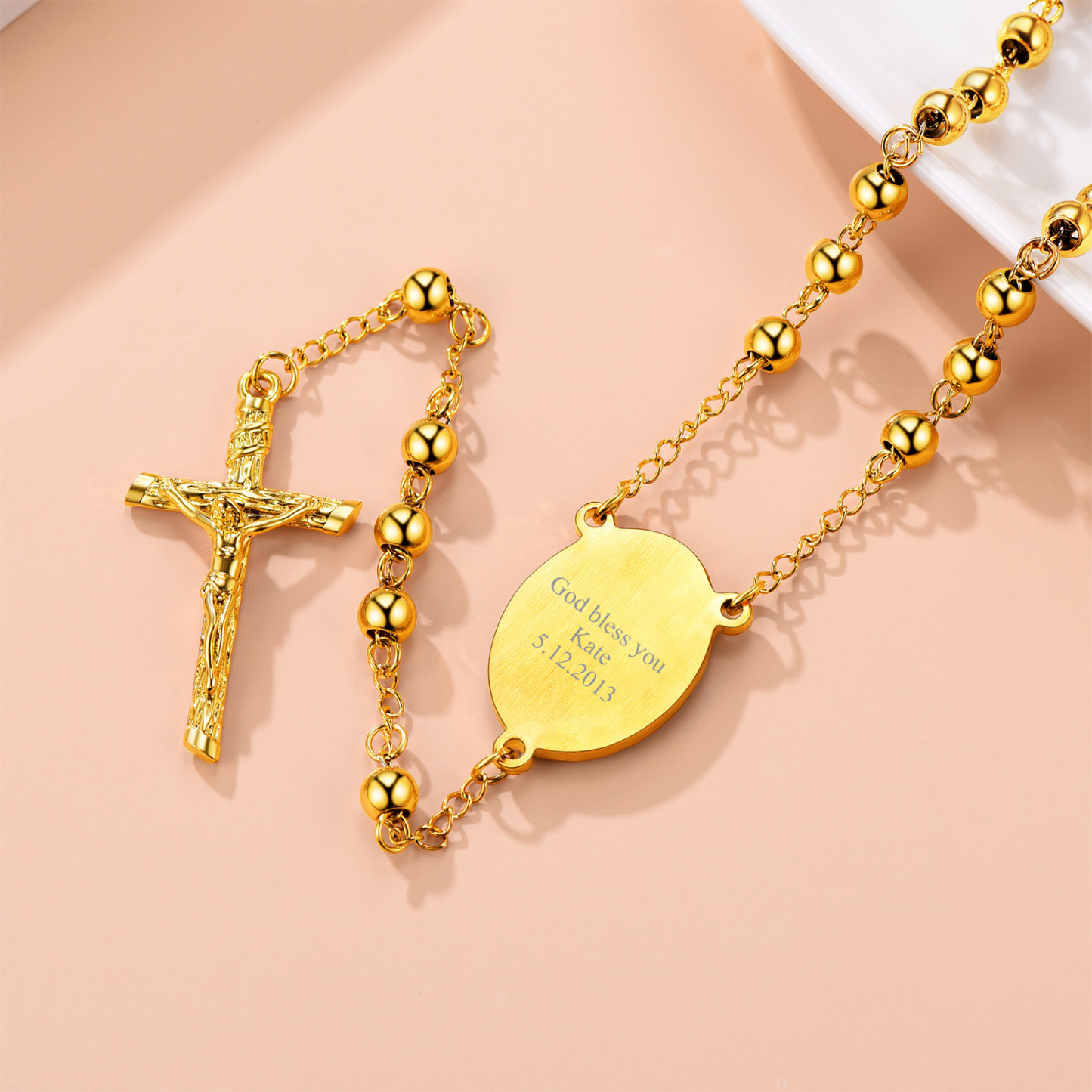 Personalized Rosary with Photo and Custom Engraving Gold Back Side