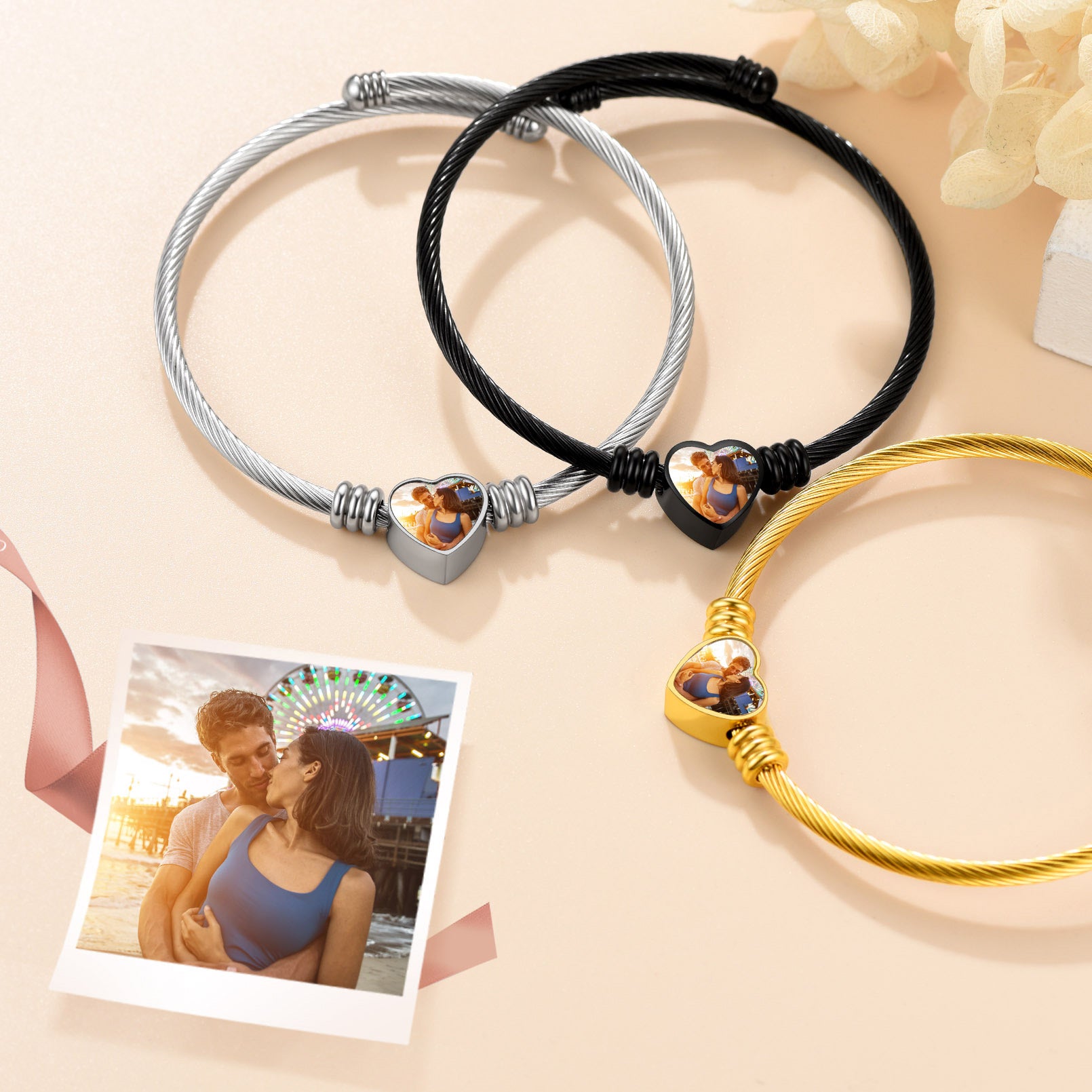 Custom Picture Heart Cuff Bracelet with Picture for Women collection