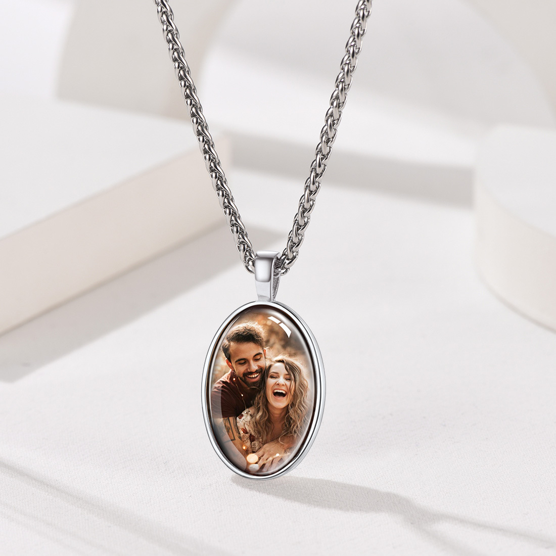 Personalized Engraved Photo Oval Pendant Necklace silver