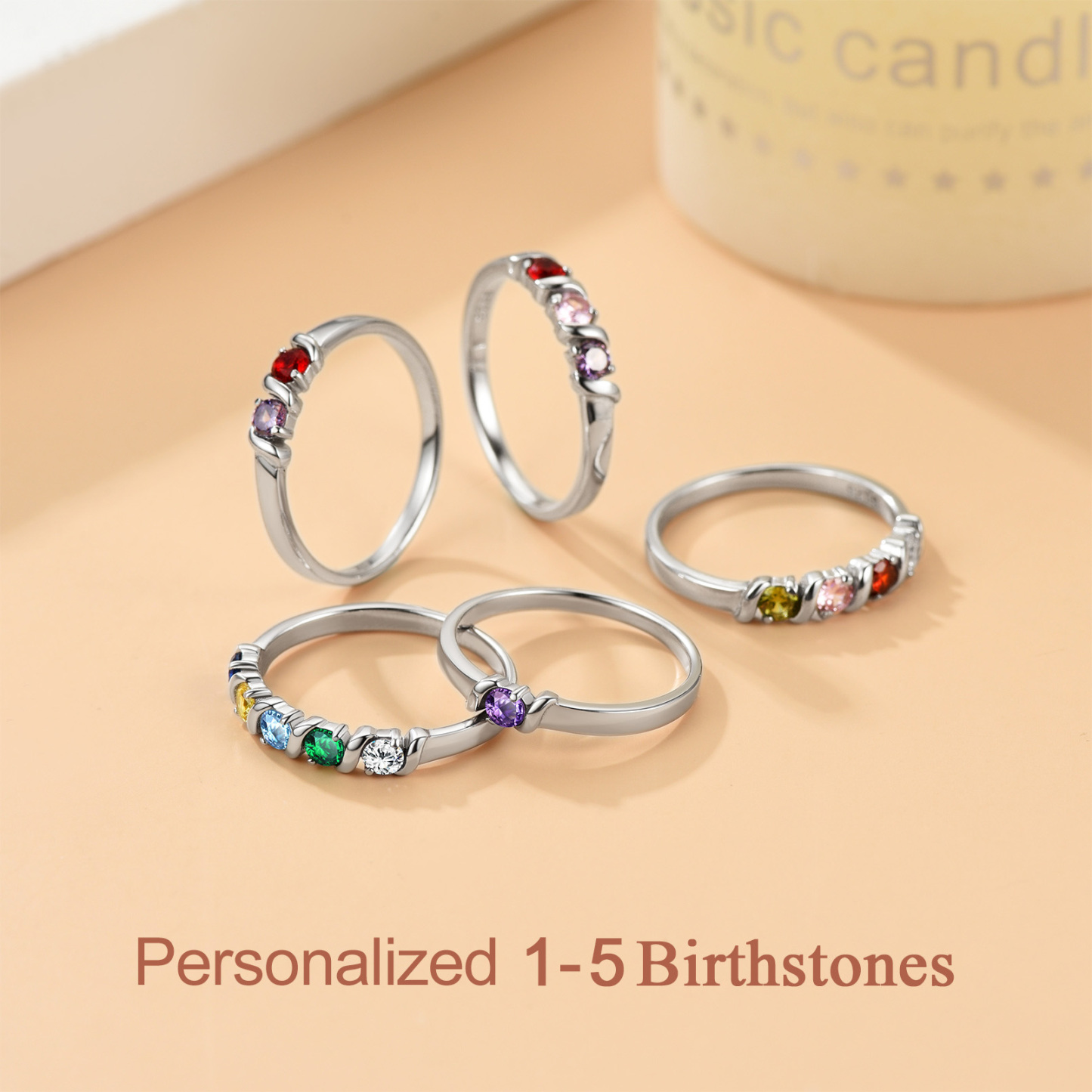 Personalized Sterling Silver Birthstone Ring 5 Birthstones