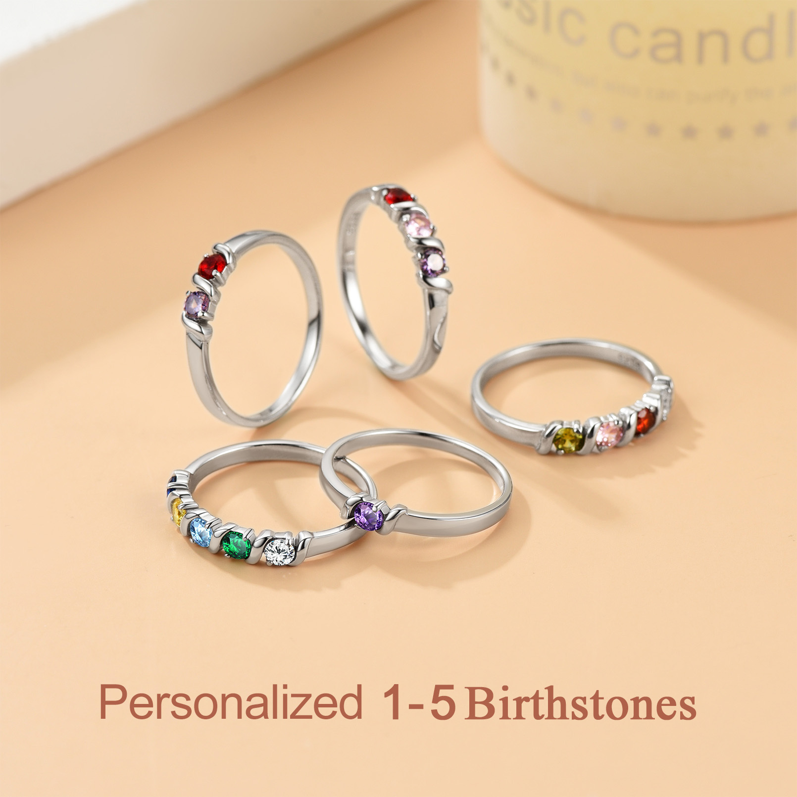 Personalized Sterling Silver Birthstone Ring 5 Birthstones