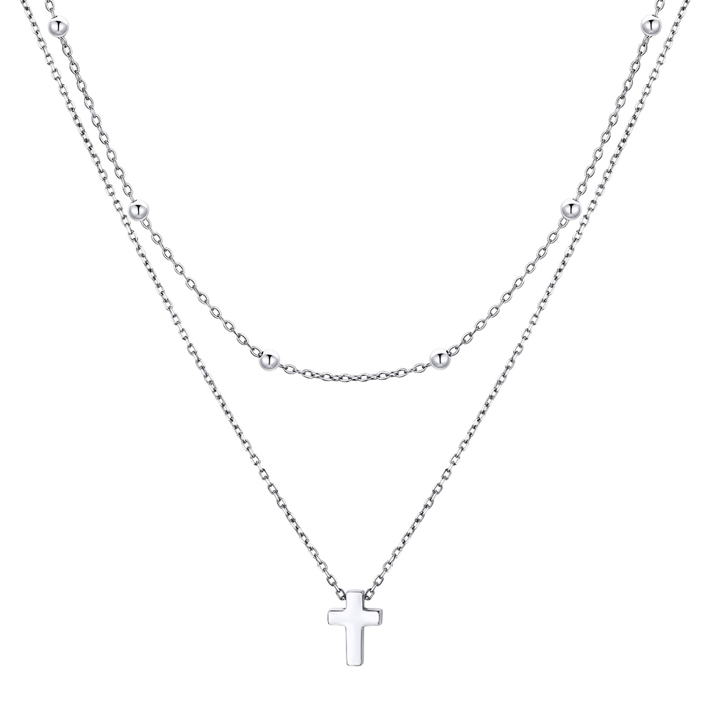 Dainty Layered Cross Necklace for Women Silver