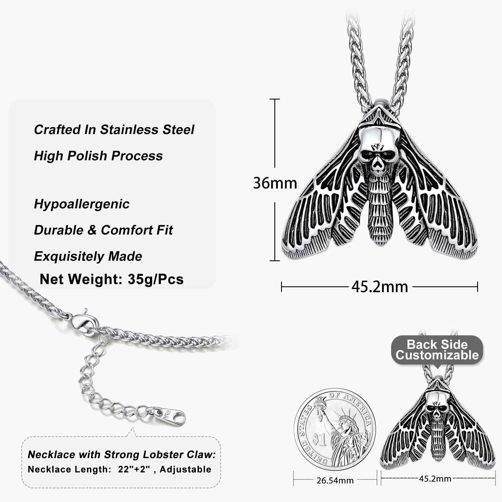 Death Moth Skull Necklace 316L Stainless Steel Gothic Gift Size