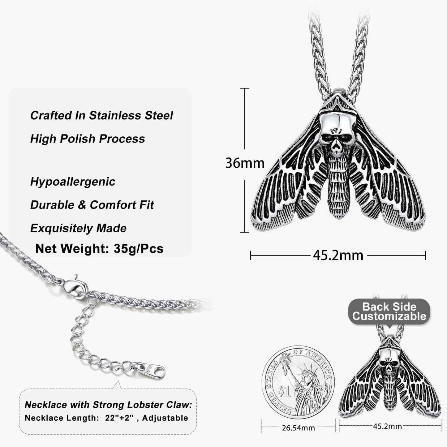 Death Moth Skull Necklace 316L Stainless Steel Gothic Gift Size