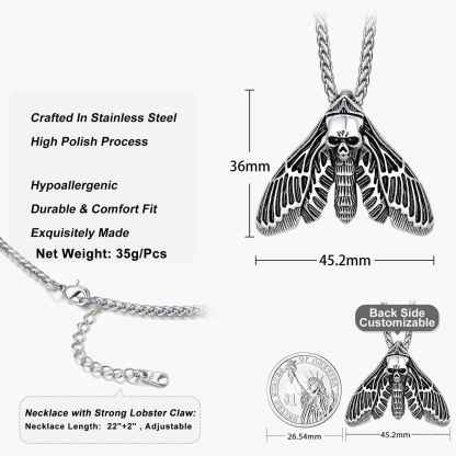 Death Moth Skull Necklace 316L Stainless Steel Gothic Gift Size