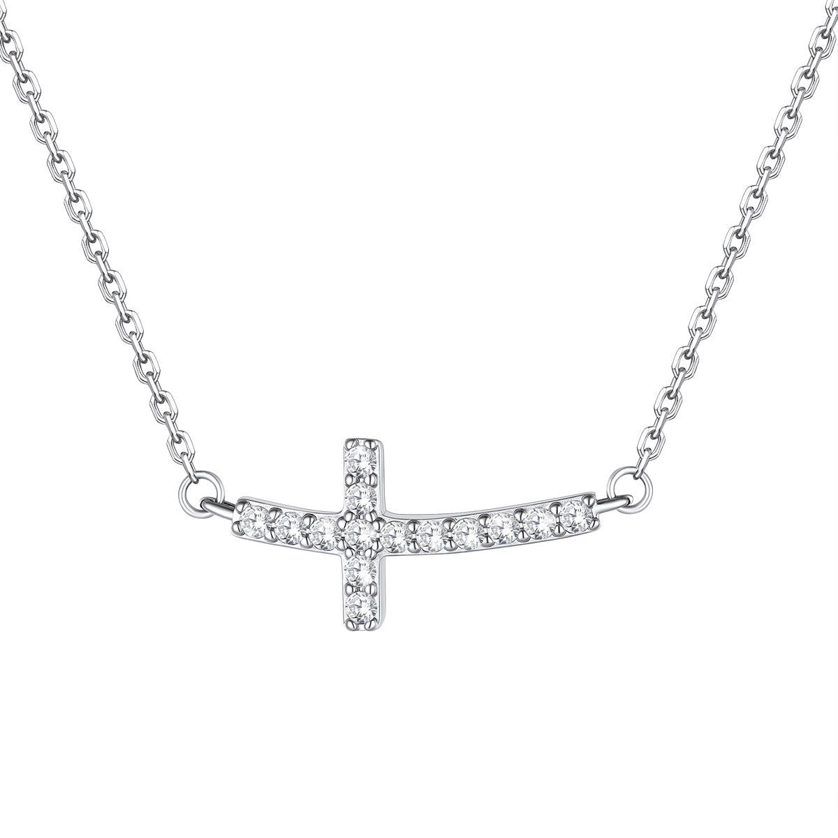Delicate CZ Horizontal Cross Pendant Necklace for Women