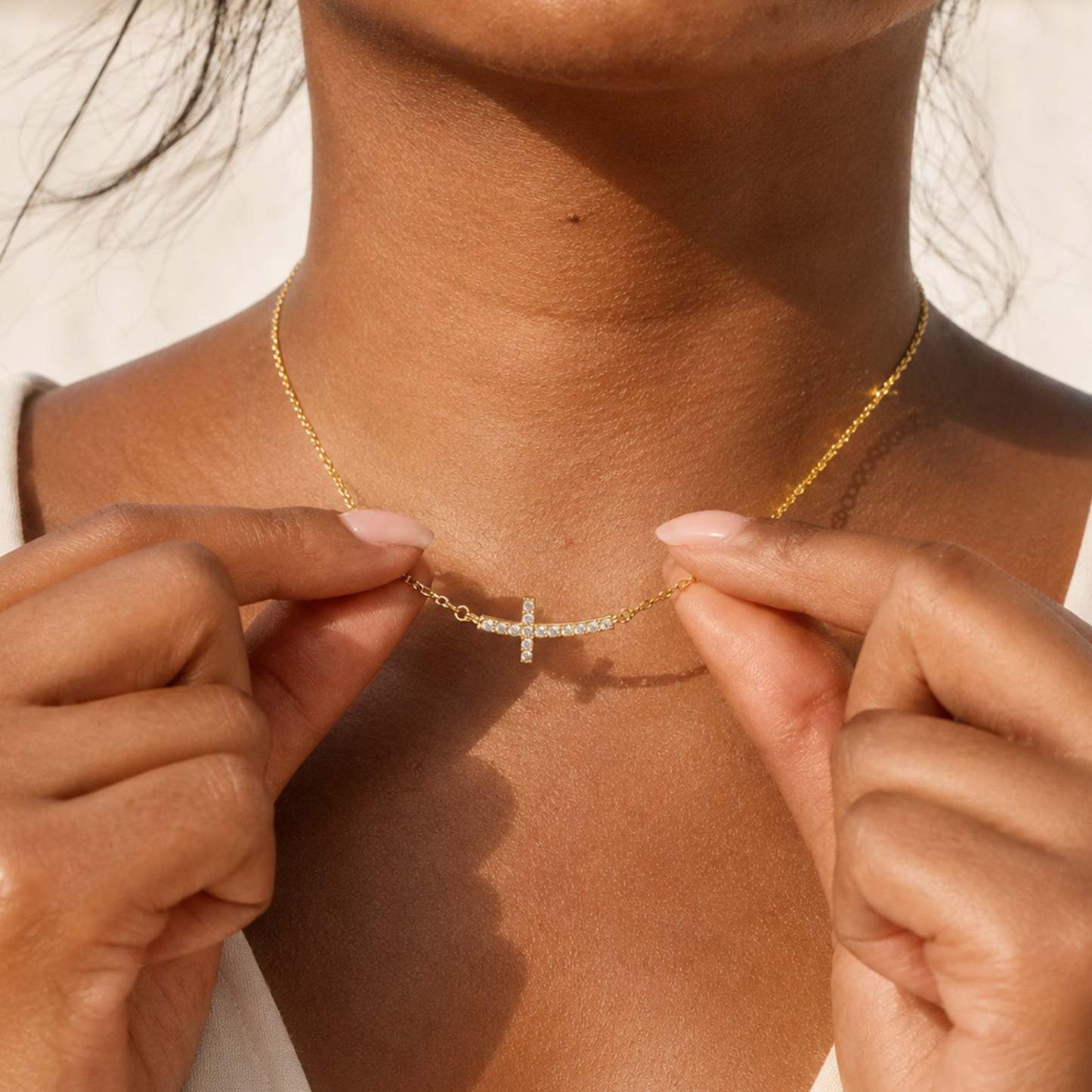 Delicate CZ Horizontal Cross Pendant Necklace for Wife