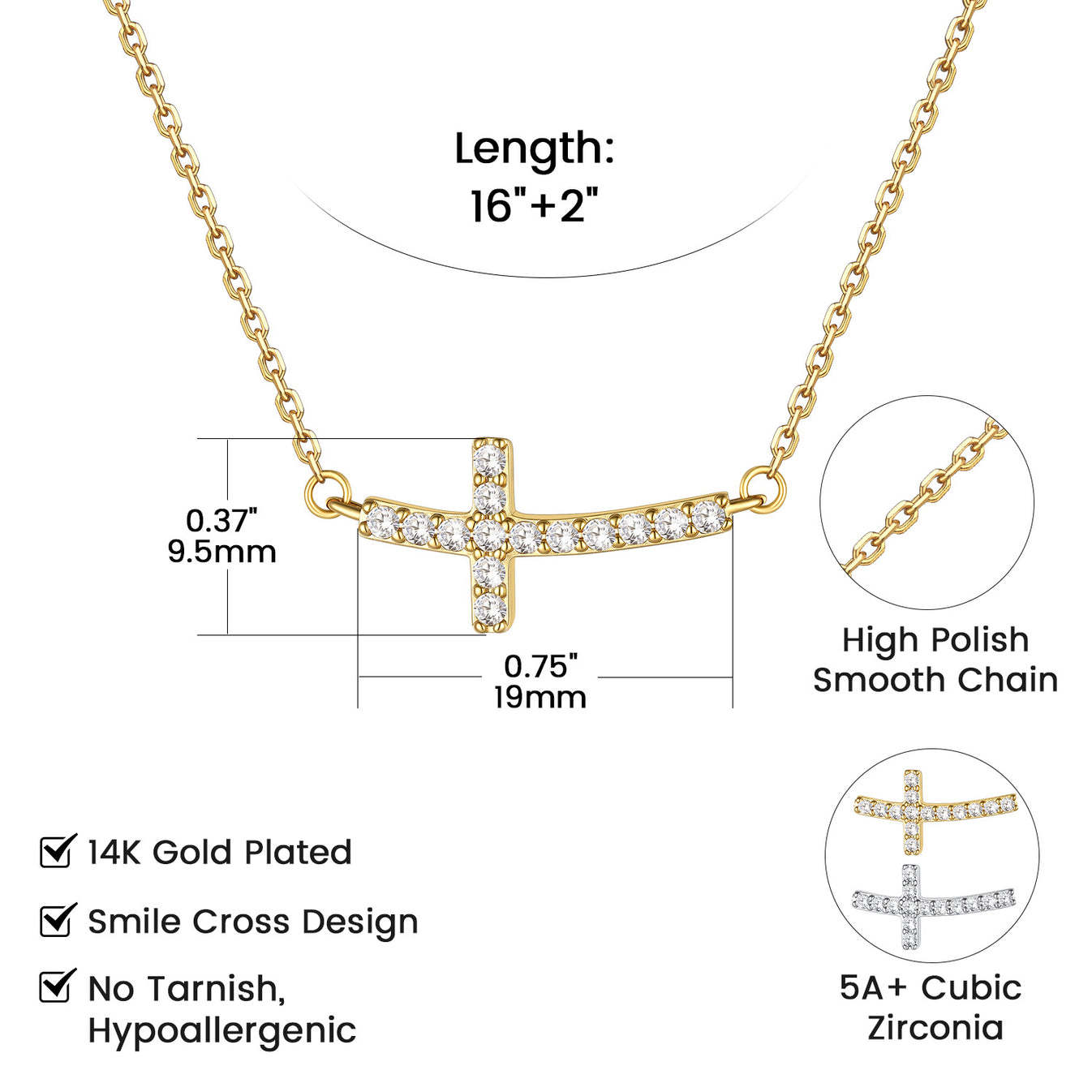 Delicate CZ Horizontal Cross Pendant Necklace for Women Size
