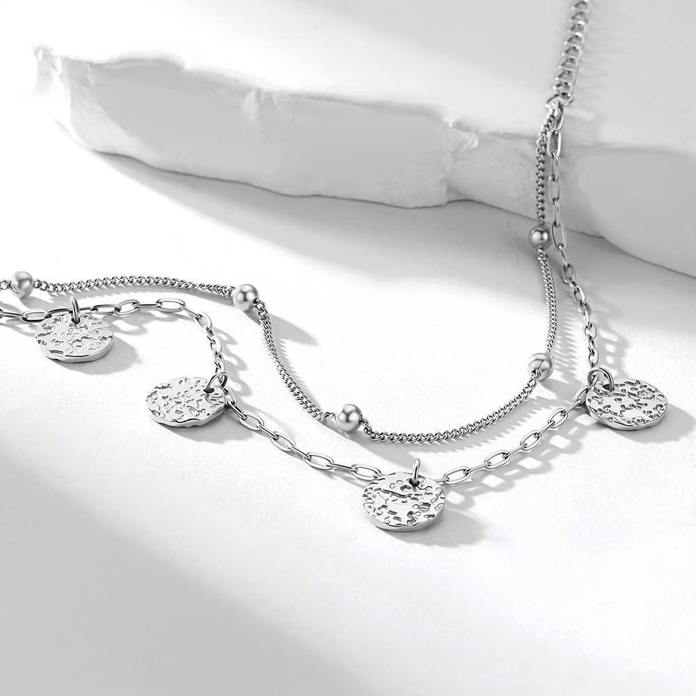 Disc Charm Anklet with Adjustable Layered Design silver