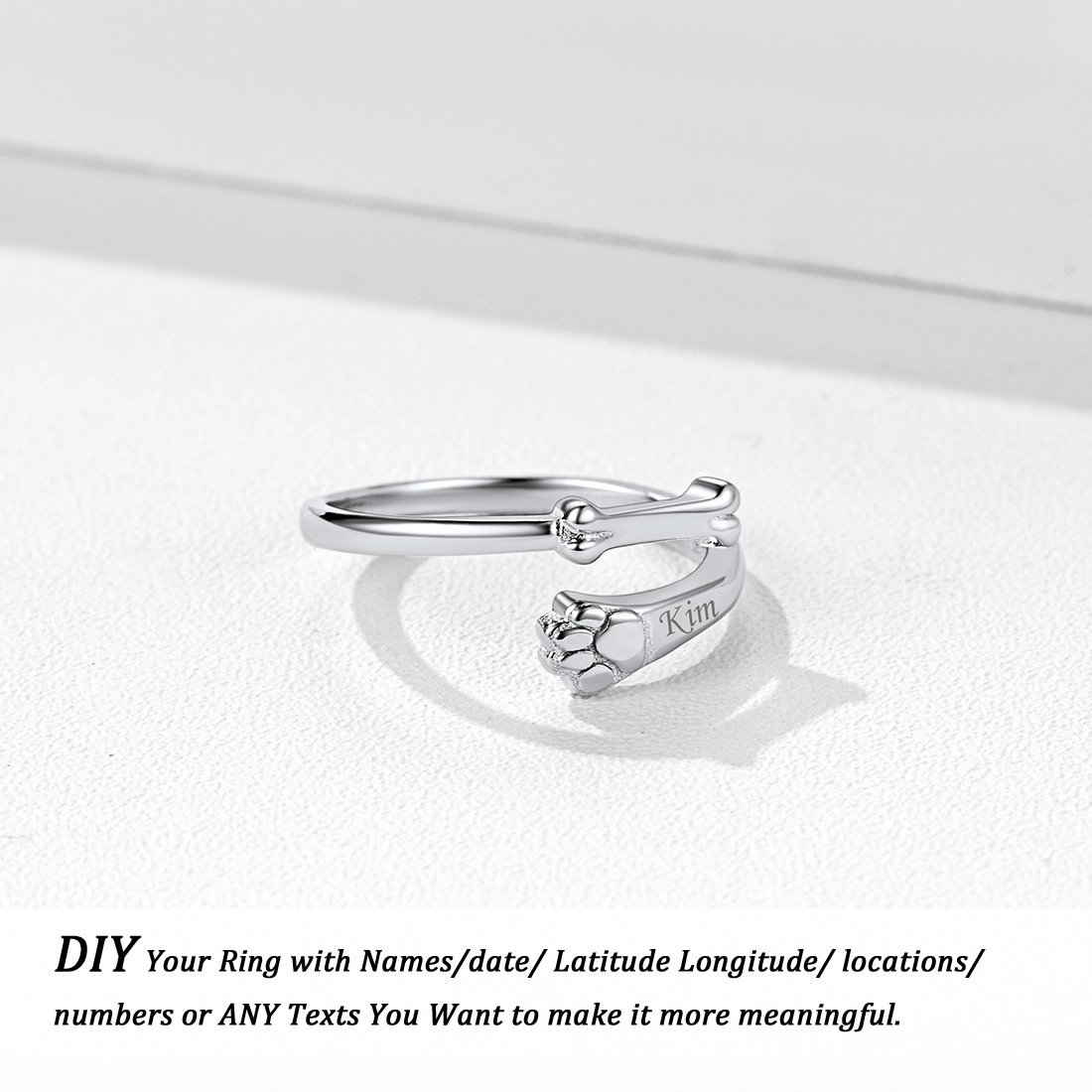 Dog Bone Paw Print Adjustable engraved Ring