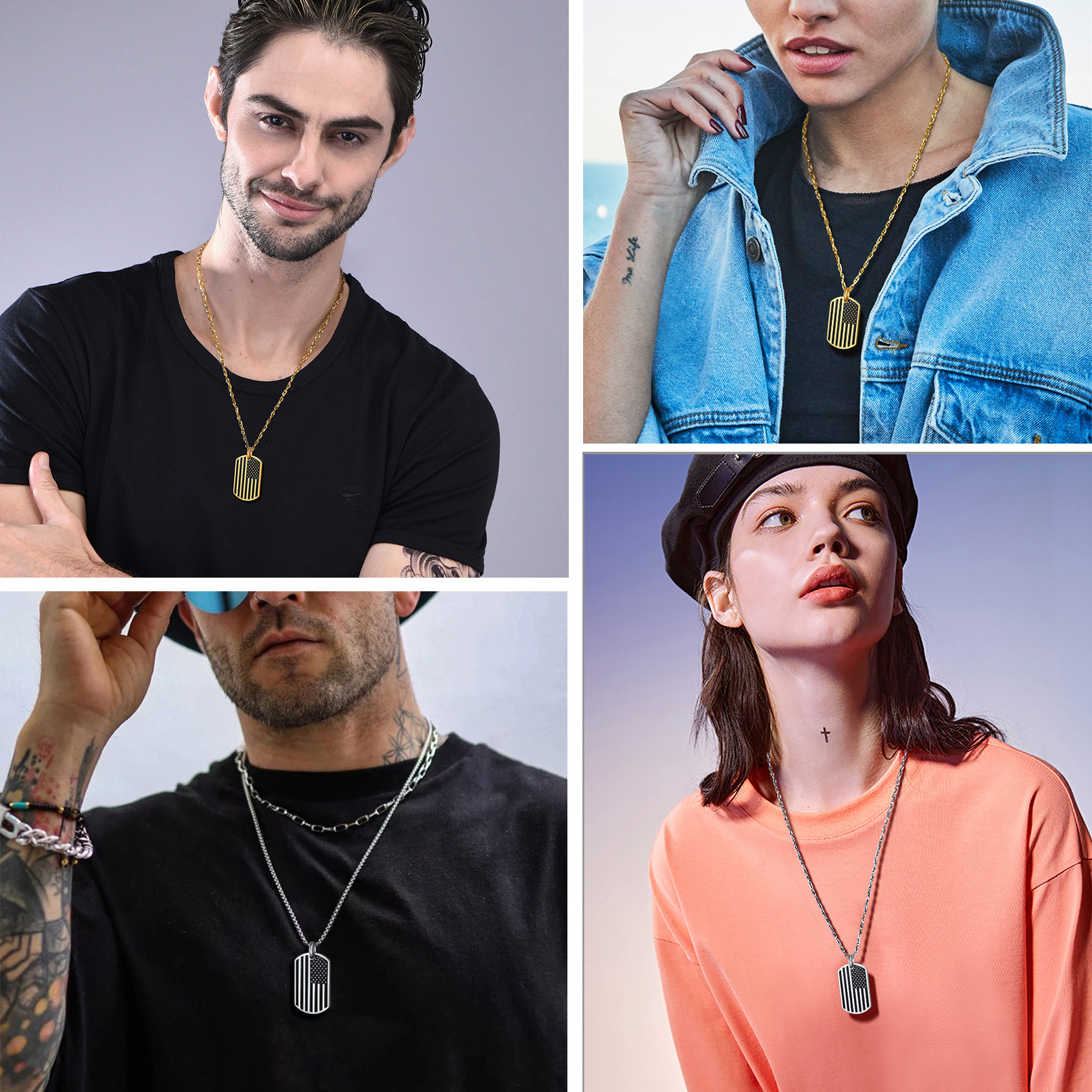 Engraved 4th of July American Flag Dog Tag Necklace For Men