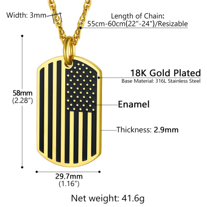 Engraved 4th of July American Flag Dog Tag Necklace size