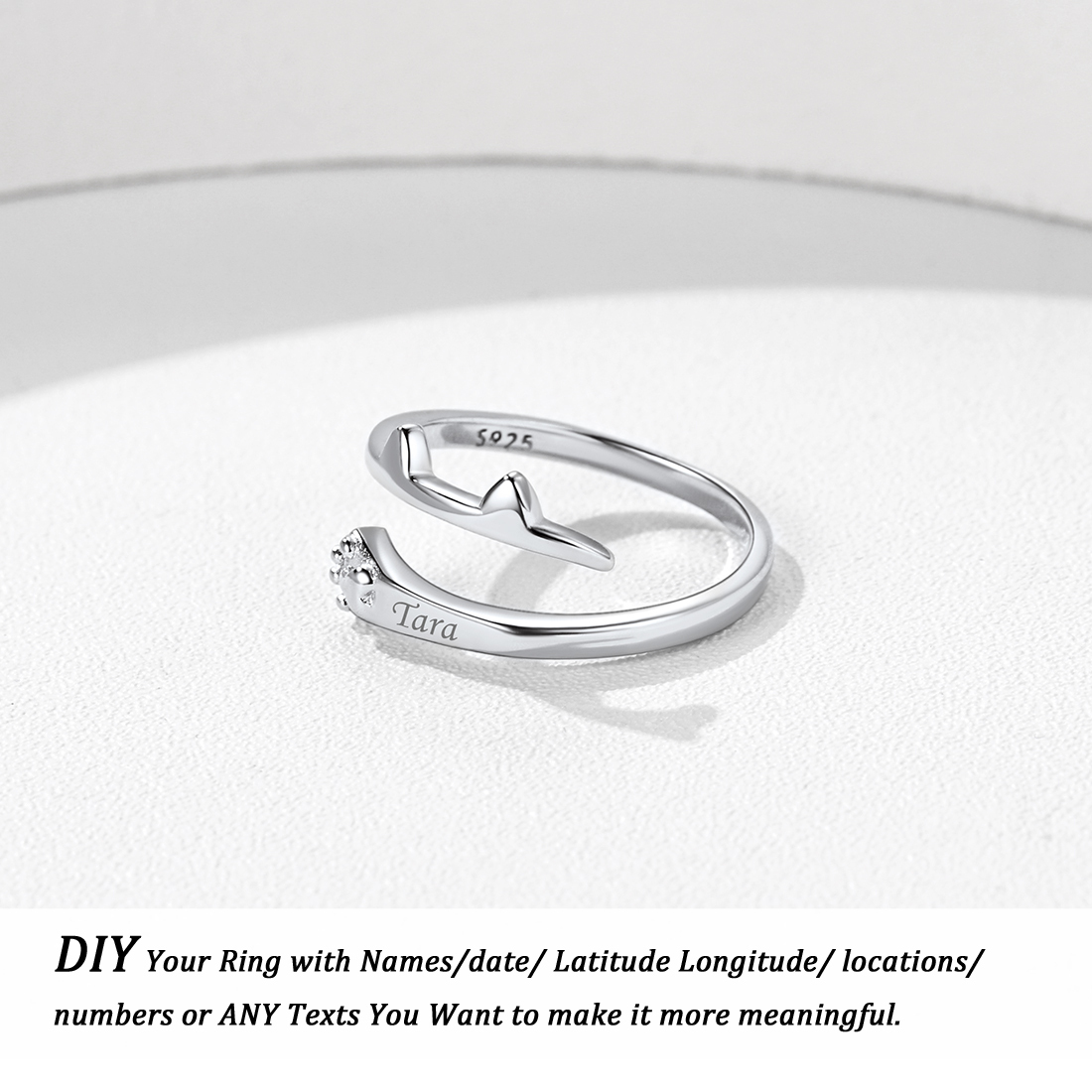 Engraved Cat Paw Adjustable Ring for Pet Lover Sterling Silver 