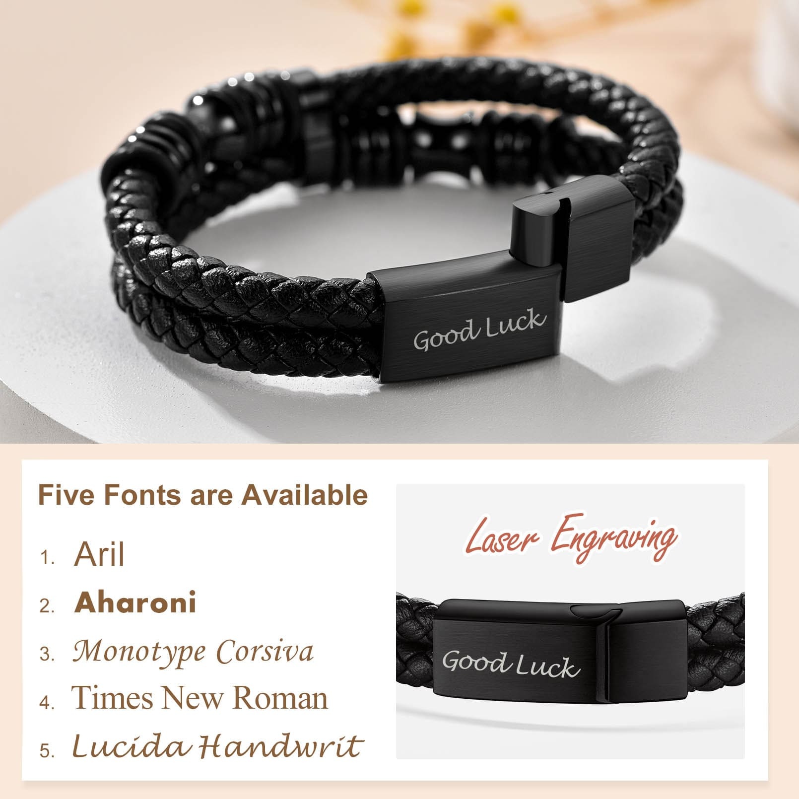 Engraved Double Row Black Leather Wristband Cuff Bracelet 