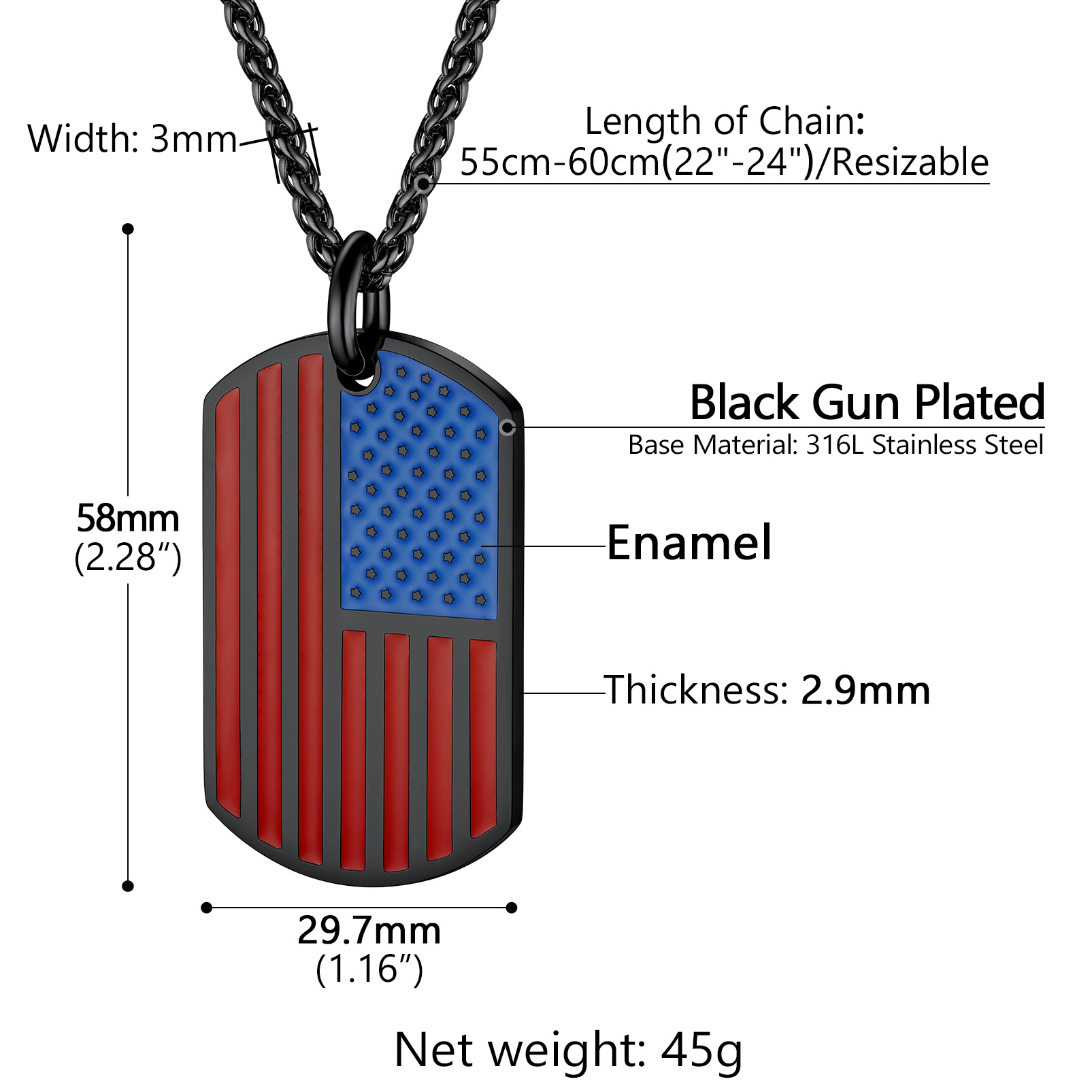 Engraved Patriotic American Flag Dog Tag Necklace For Men size