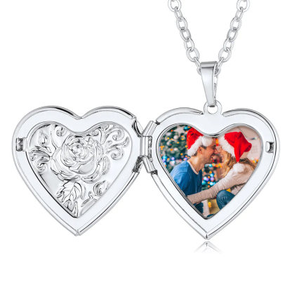 Engraved Rose Heart Photo Locket - Personalized Necklace for Her