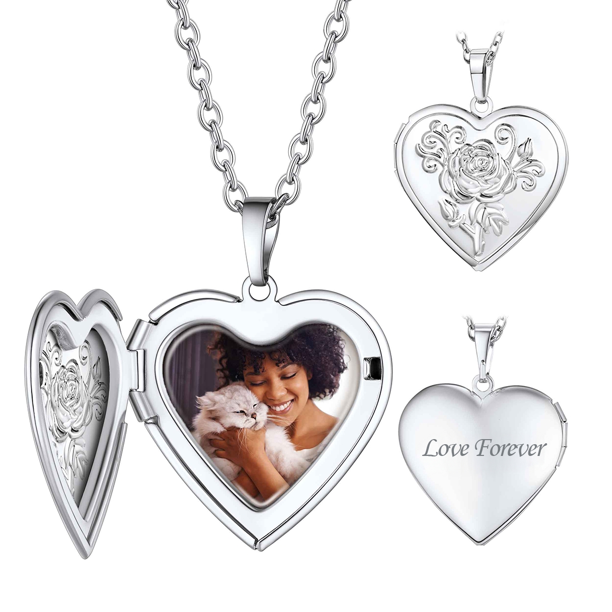 Engraved Rose Heart Photo Locket - Personalized Necklace for Her