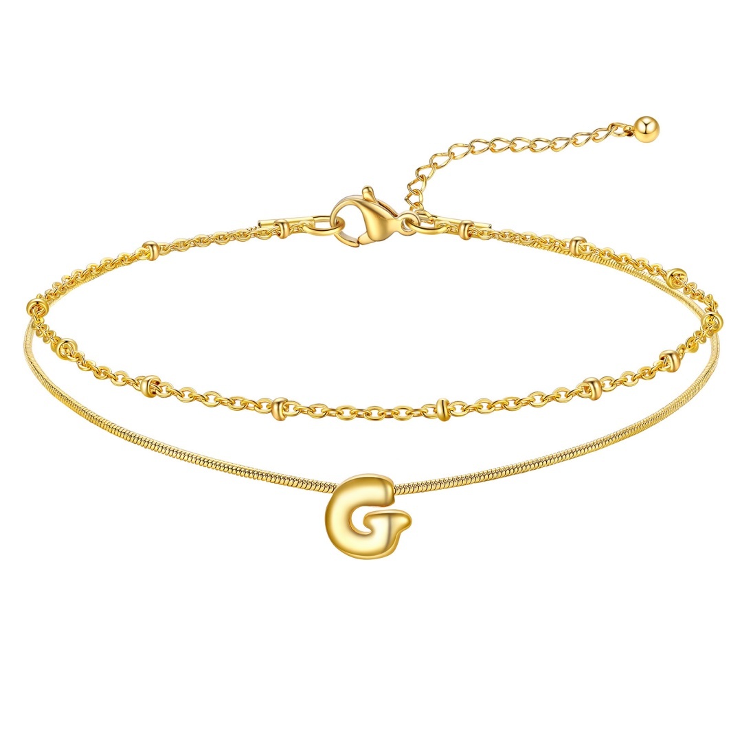 14K Gold Plated Bubble Letter Initial Layered Anklet Chain for Women