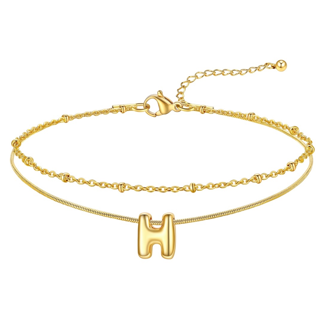 14K Gold Plated Bubble Letter Initial Layered Anklet Chain for Women