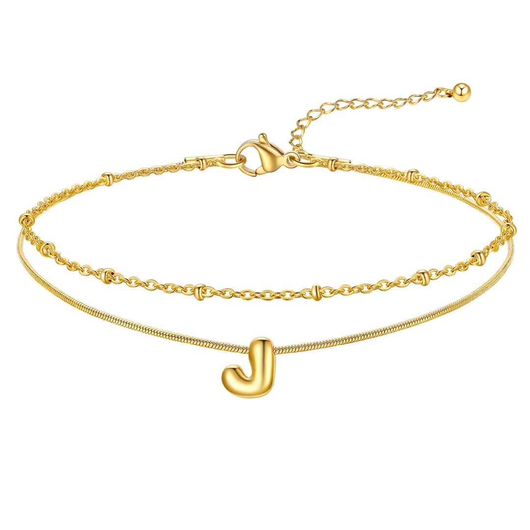 14K Gold Plated Bubble Letter Initial Layered Anklet Chain for Women